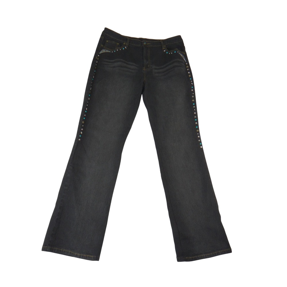 DG2 Diane Gilman Womens 14 Bootcut Jeans Dark Wash Studded Turquoise Boho 4232